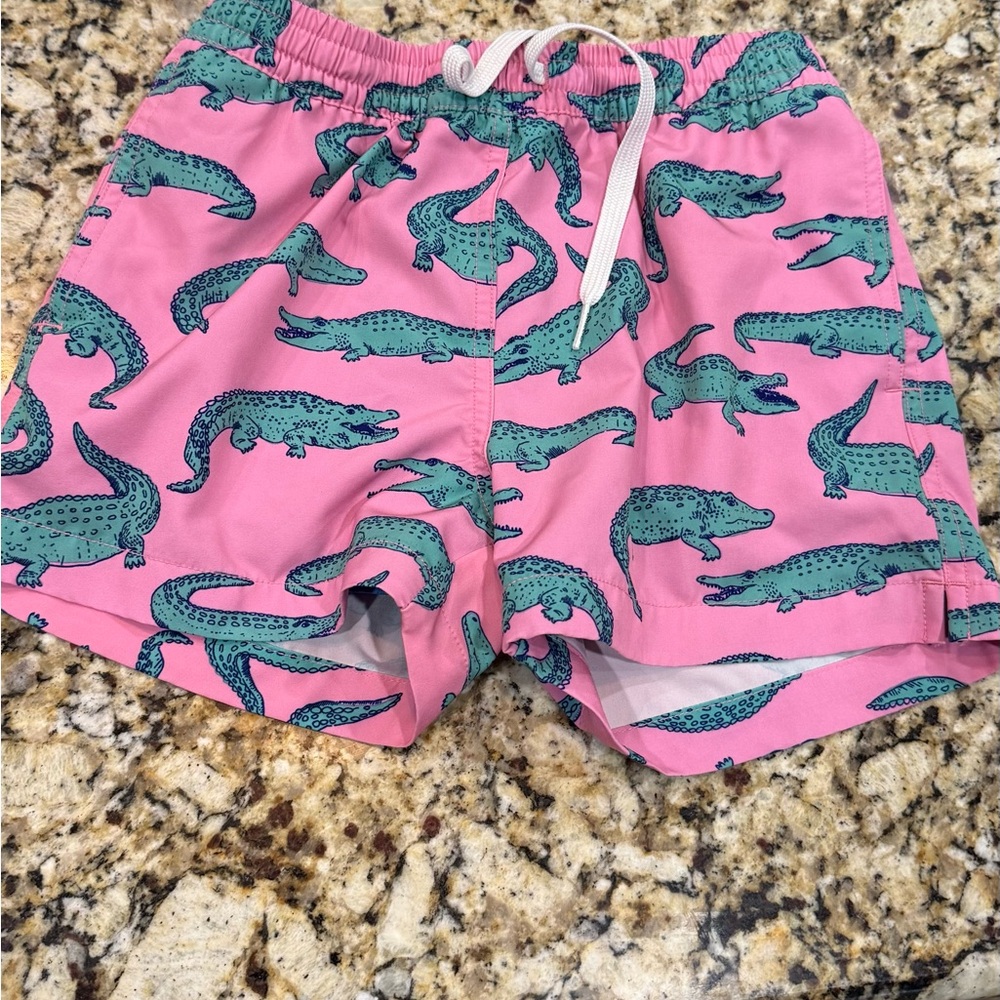 Chubbies Kids Swim Trunks - Pink with Green Alligator Design